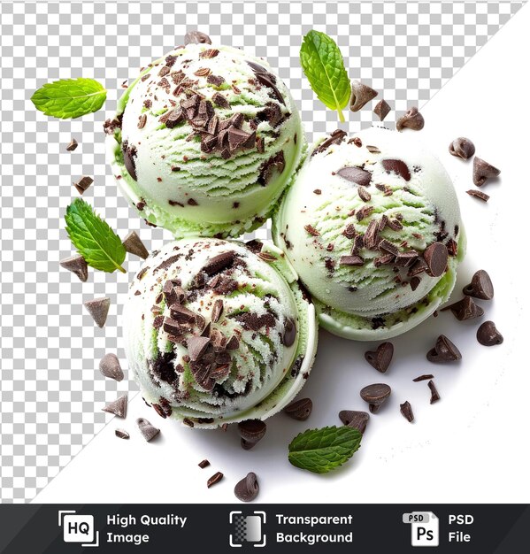 PSD premium of mint choc chip scoops w green leaves on transparent bg