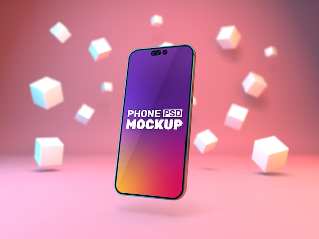 Premium mobile phone screen mockup template over a pink backgound and abstract shapes Psd isolated