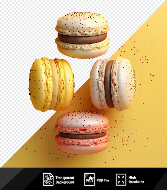 premium of pastry macaroons on a yellow background accompanied by a white donut and a yellow and white egg png psd