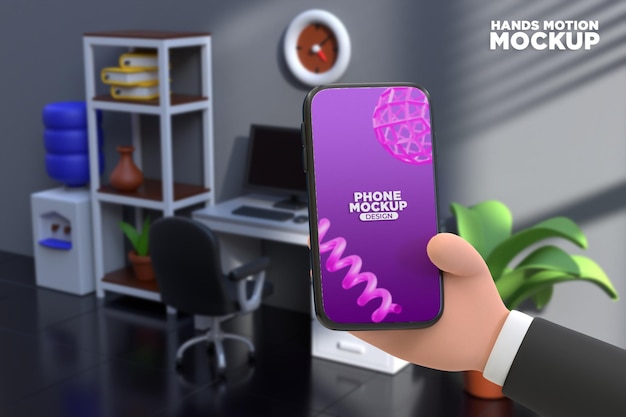 Premium Phone Mockup business cartoon hand holding smartphone with office background