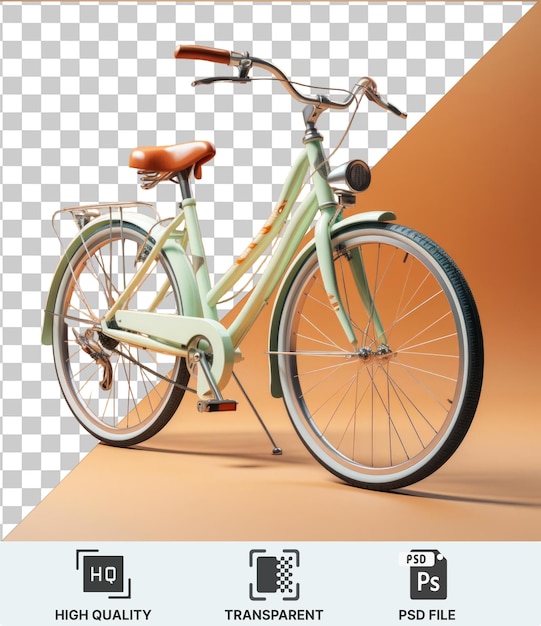 premium photo of a green and white bicycle with a brown seat and silver spokes is parked against an orange wall with a black shadow in the foreground