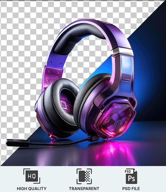 premium photo of a pair of headphones one purple and one black sit on a shiny table with a shiny reflection the purple headphone has a purple and pink button and the black head