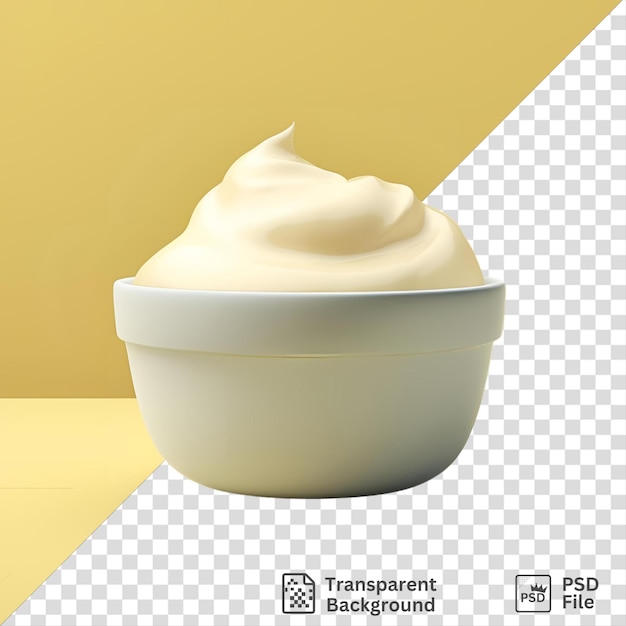 premium photo of a white bowl of whipped cream sits on a white table against a yellow wall casting a black shadow