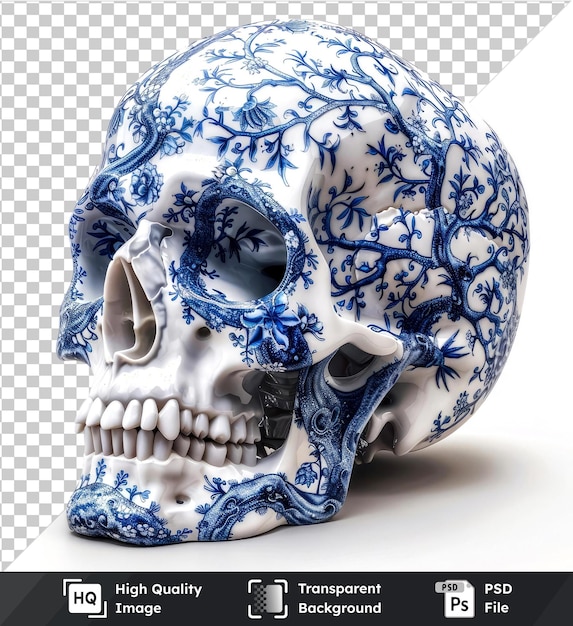 PSD premium of porcelain skull beautifully decorated with blue willow patterns on transparent