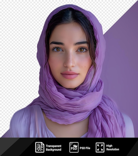 premium of portrait of a beautiful young woman over white shirt and purple scarf featuring her striking blue and brown eyes nose and black eyebrows png