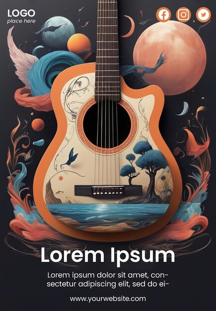 PSD premium poster template with surrealism guitar illustration