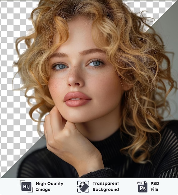 premium pretty young blond woman with curly hair touching her cheek and looking to the left isolated on isolated background