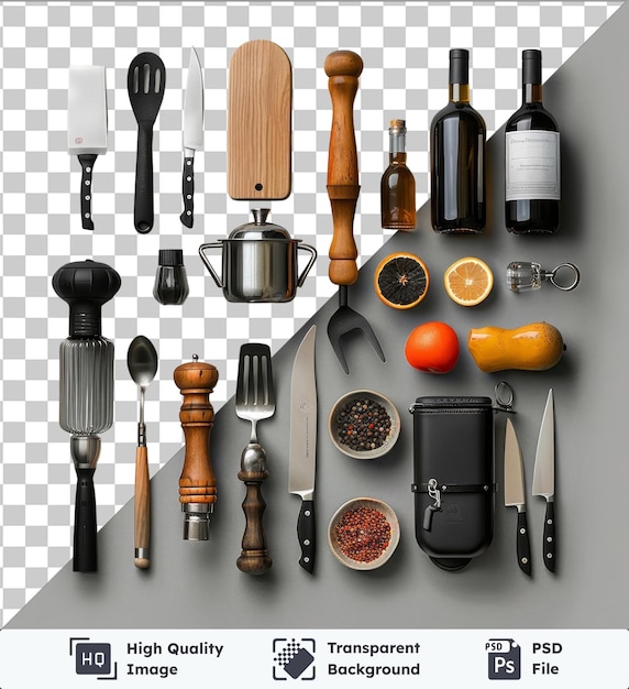 PSD premium professional culinary arts and chef39s tools set displayed on a white wall featuring a variety of knives and utensils including a silver knife black knife silver spoon