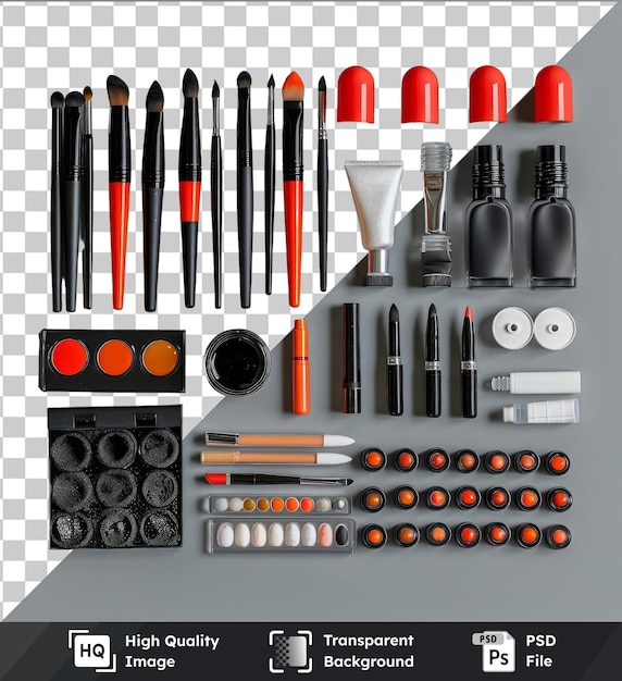 premium professional nail art kit set featuring black pens orange and red buttons and a black and gray pen displayed on a gray and transparent background