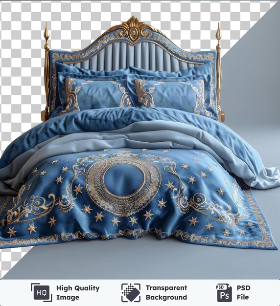 premium ramadan themed bedding set featuring a blue bed with a gold headboard adorned with blue pillows and a blue blanket set against a white and blue wall