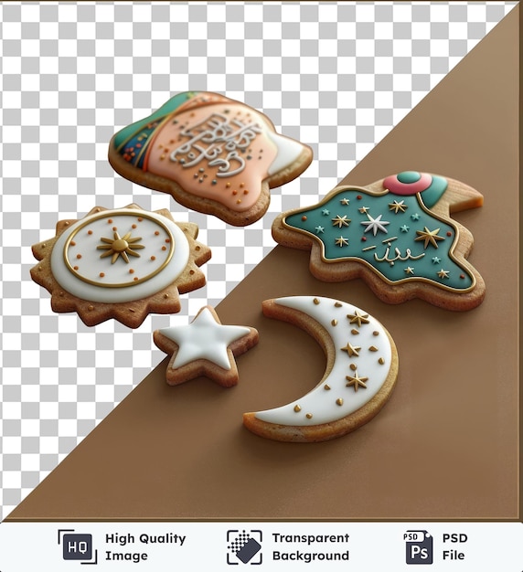 premium of ramadan themed cookie cutter set featuring a variety of cookies including white brown and gold stars arranged on a brown table with a white clock in the background