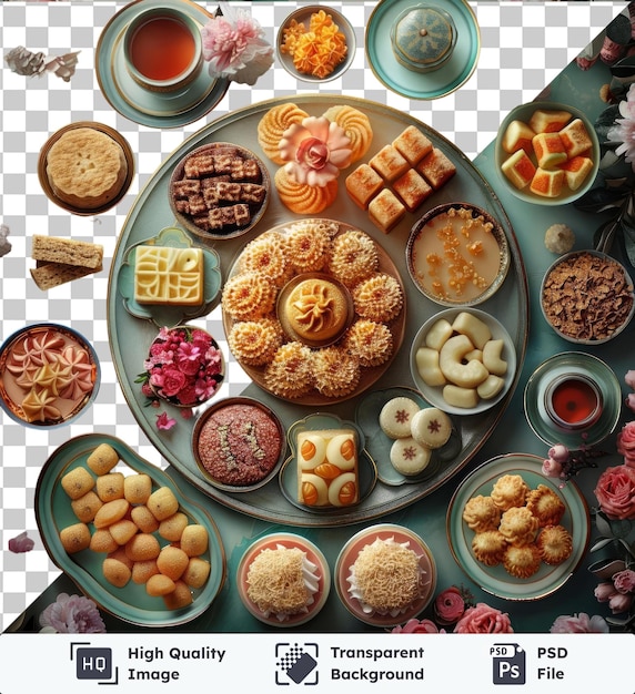 premium of ramadan traditional desserts displayed on a blue table adorned with pink and white flowers accompanied by a variety of plates and bowls