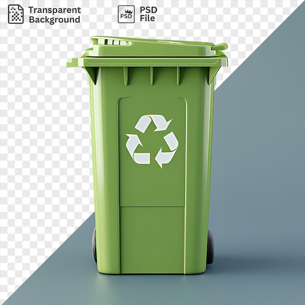 premium of recycling bin with green lid and black wheel against blue wall with a dark shadow in the foreground