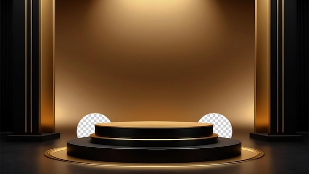 Premium Round Podium Mockup Black and Gold with Transparent PNG Background