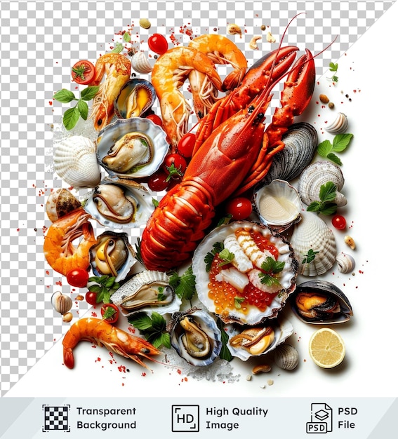 PSD premium seafood isolated on transparent background accompanied by a lemon