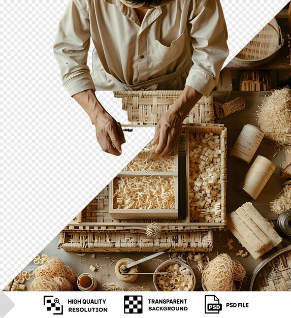 PSD premium of serious focused woodworker making a straw box with a silver spoon surrounded by wicker baskets wearing a white shirt and with a hand visible in the foreground png