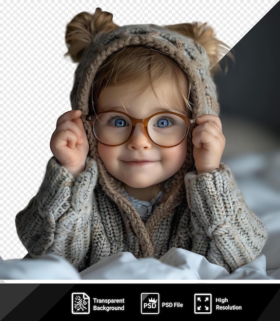 premium of smiling baby girl holding eyeglasses while sitting on bed wearing a gray sweater and brown glasses with a small hand and curled hand visible in the foreground