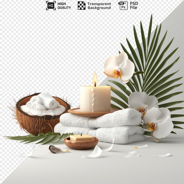 PSD a premium spa theme with candles coconut orchids towels and soap on a transparent background