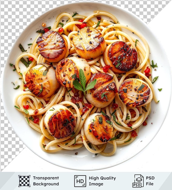 premium spaghetti aglio e olio with panseared scallops set isolated on top view isolated background