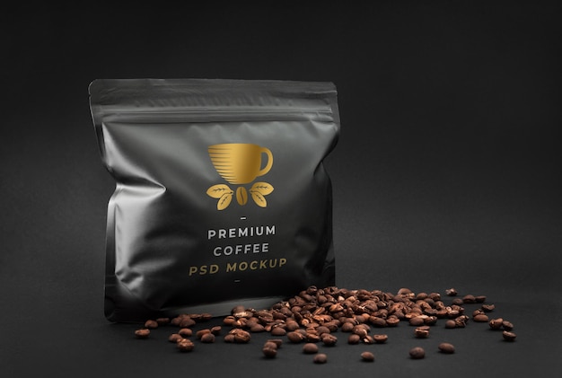 Premium specialty coffee mockup dark packaging with beans for branding presentation design