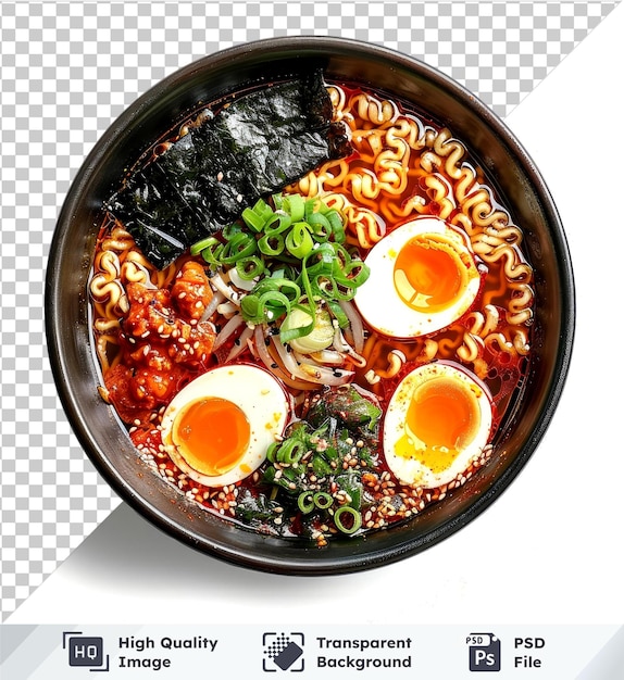 PSD premium spicy ramen with softboiled egg and nori set isolated on top view isolated background