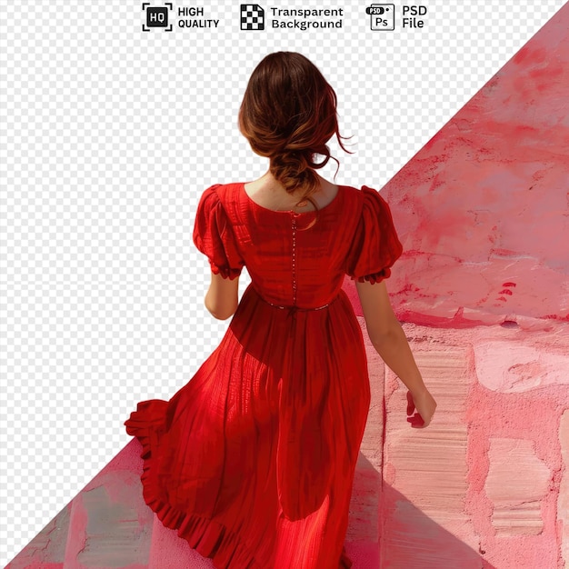 premium of in the street a woman in a red dress stands in front of a pink wall her brown hair framing her face png