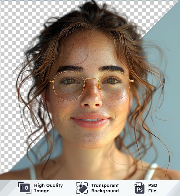 Premium student mockup smiling with glasses brown and blue eyes large nose pink lips dark eyebrows