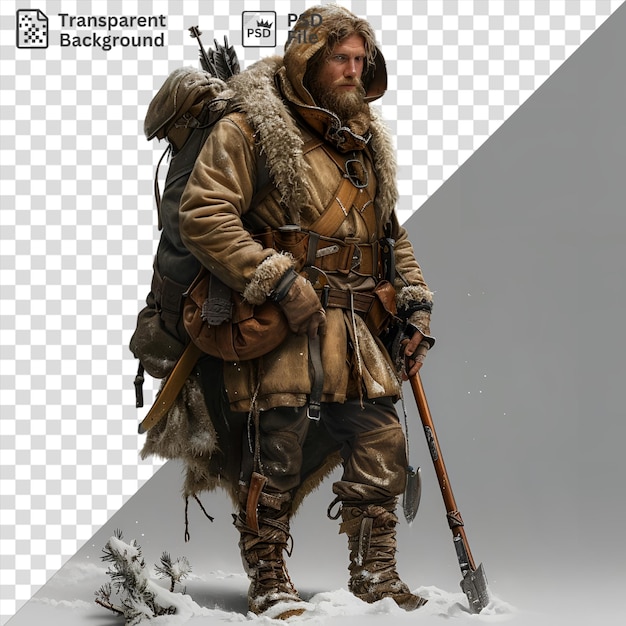 premium of thorfinn karlsefni from vinland saga stands in front of a gray sky wearing a brown coat and boots with a brown strap visible in the foreground