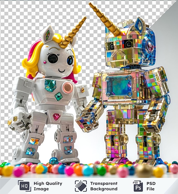 premium of toy robots and magical unicorn figurines on transparent background