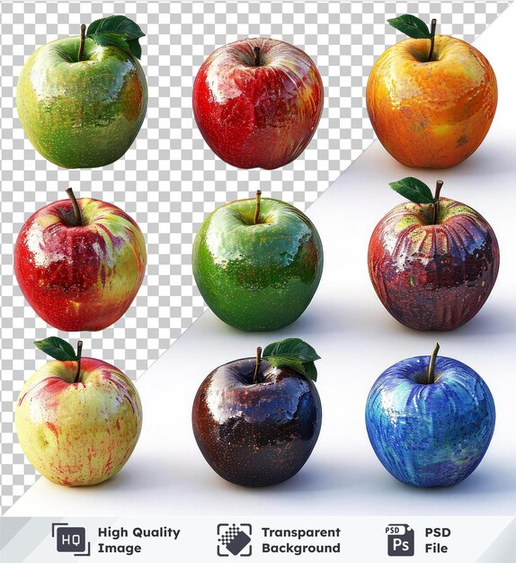 PSD premium of transparent background apple varieties red green and blue apples with brown stems