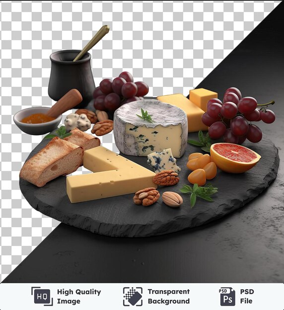 PSD premium transparent gourmet cheese platter featuring a variety of cheeses crackers and grapes accompanied by a wooden spoon and a small white bowl