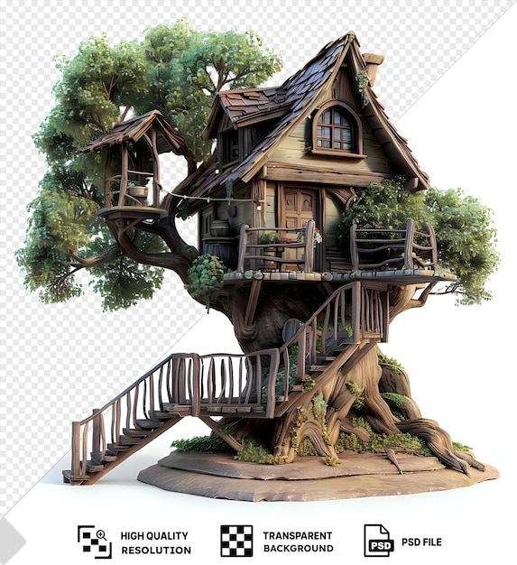 Premium treehouse with brown roof wood door and green tree against white sky