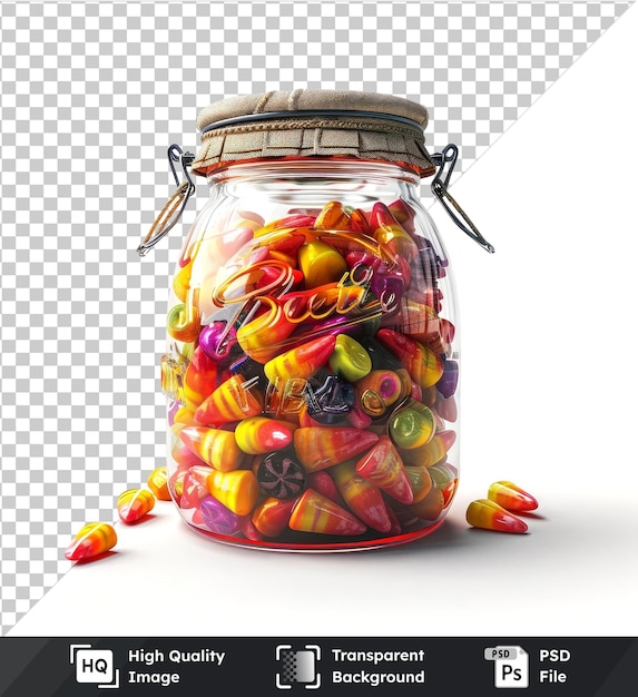 PSD premium of a variety of colorful candies in glass jar isolated on transparent background