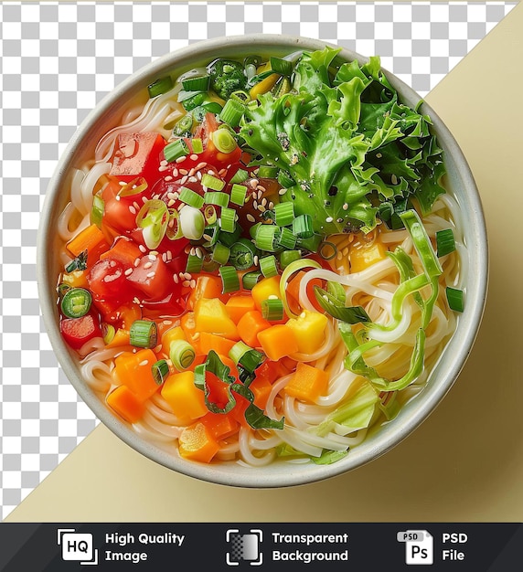 premium vegetable soba noodle soup served in a white bowl on a transparent background garnished with sliced orange carrots and served with a silver spoon