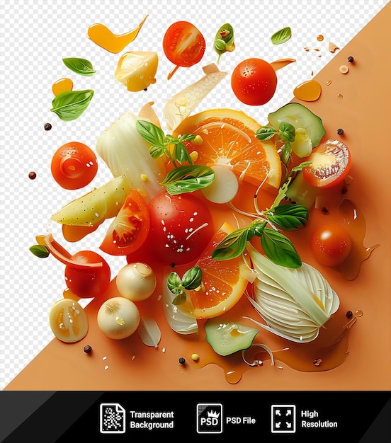 premium of vegetable teppanyaki a colorful assortment of fruits and vegetables including sliced oranges a red tomato and a white onion arranged on a table with a green leaf