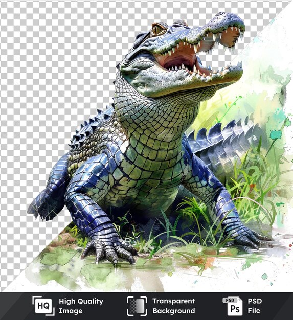 premium of watercolor illustration of a crocodile on a background of green grass