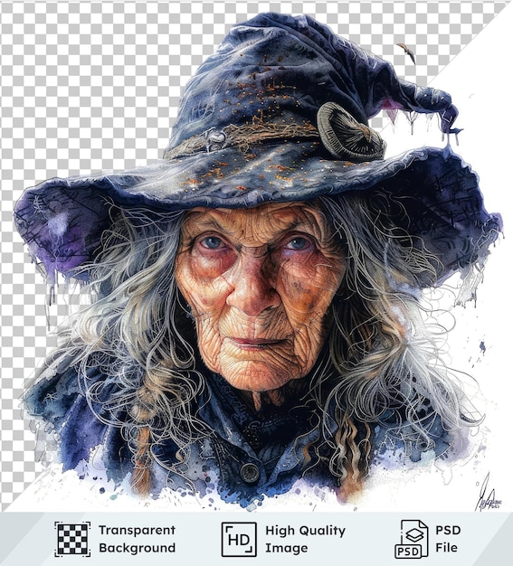 PSD premium watercolor portrait of an old woman in a blue hat with distinctive features