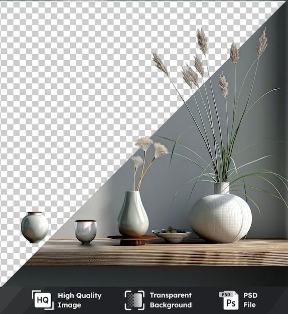 PSD premium white nori vases on wooden table casting long shadow against white wall