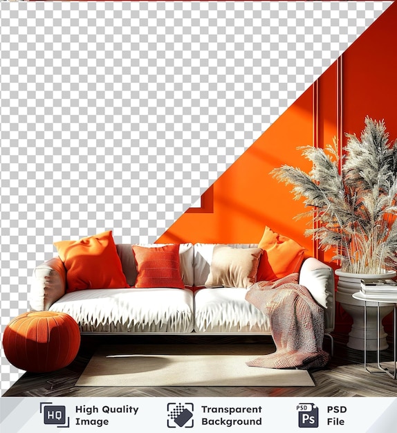 premium white picture frame mockup hanging a wall orange color living room