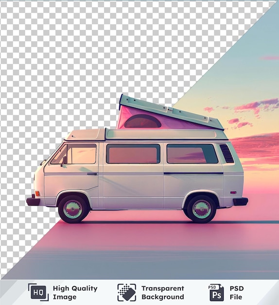 PSD premium white van mockup with popup roof under blue sky pink and red clouds small windows black