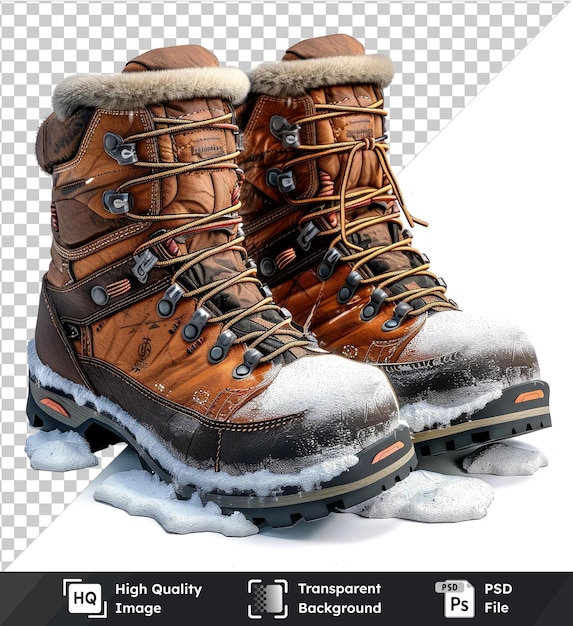 premium winter hiking boots with brown furry fur on transparent background