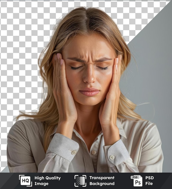 premium woman having headache businesswoman standing with pain female half length portrait human emotions facial expretation