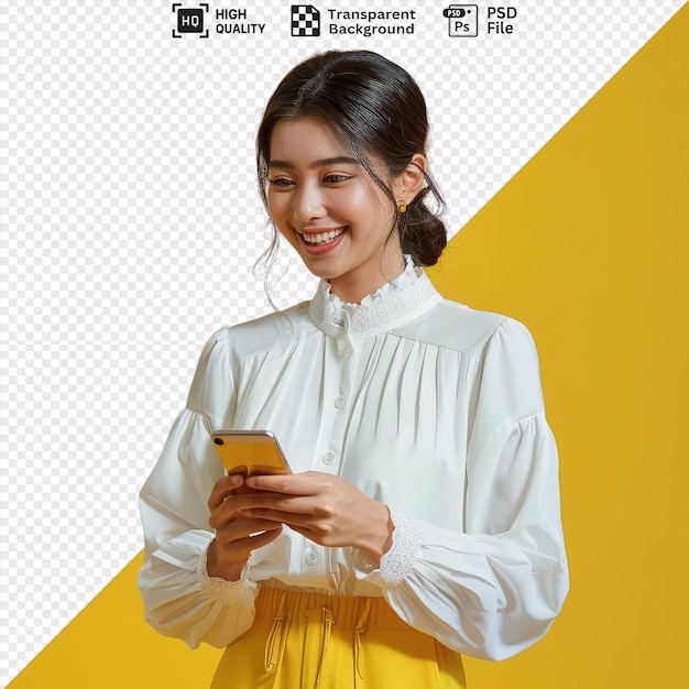 premium of a woman in white blouse with a phone in hands looking happy png psd