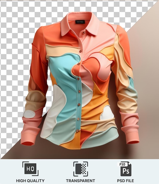 premium womens long sleeve shirt with an orange and blue design against a white wall featuring a white button