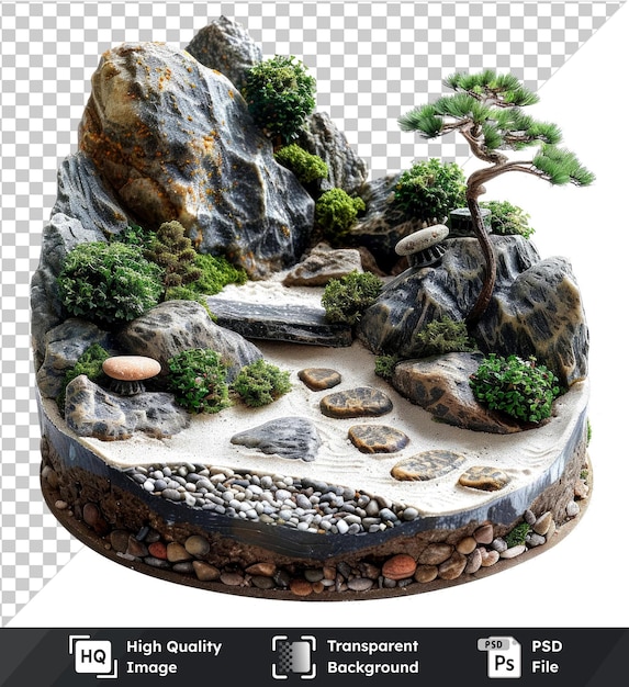 Premium of zen gardens with small tree gray rock and brown rock on transparent background