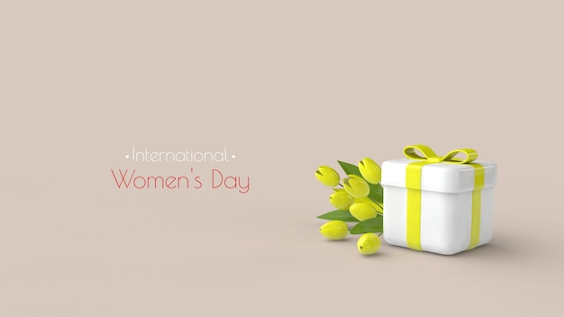 Present box  with yellow bow and tulips 3d render International Womens Day PSD greeting card template