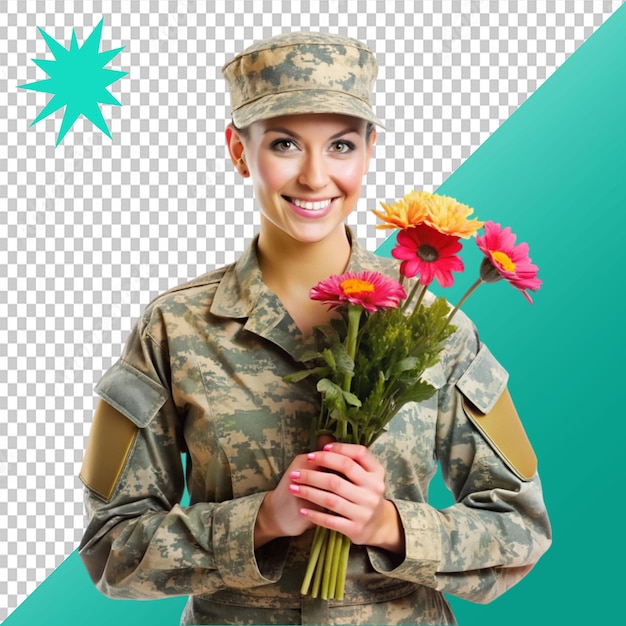 pretty female soldier on transparent background