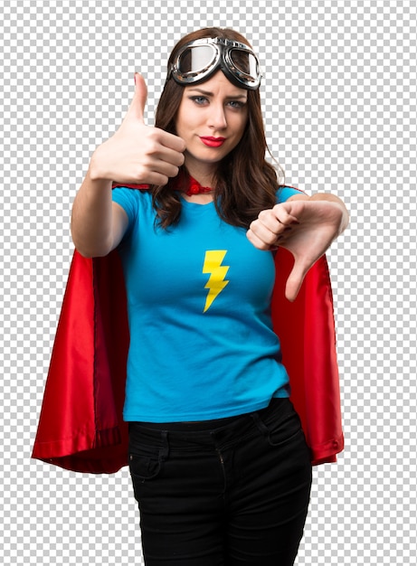 PSD pretty superhero girl making good-bad sign