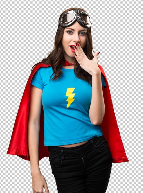 PSD pretty superhero girl making surprise gesture