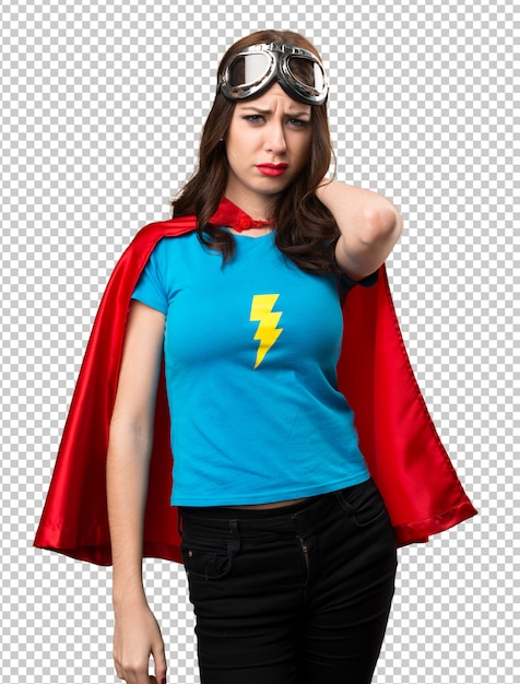 Pretty superhero girl with neck pain